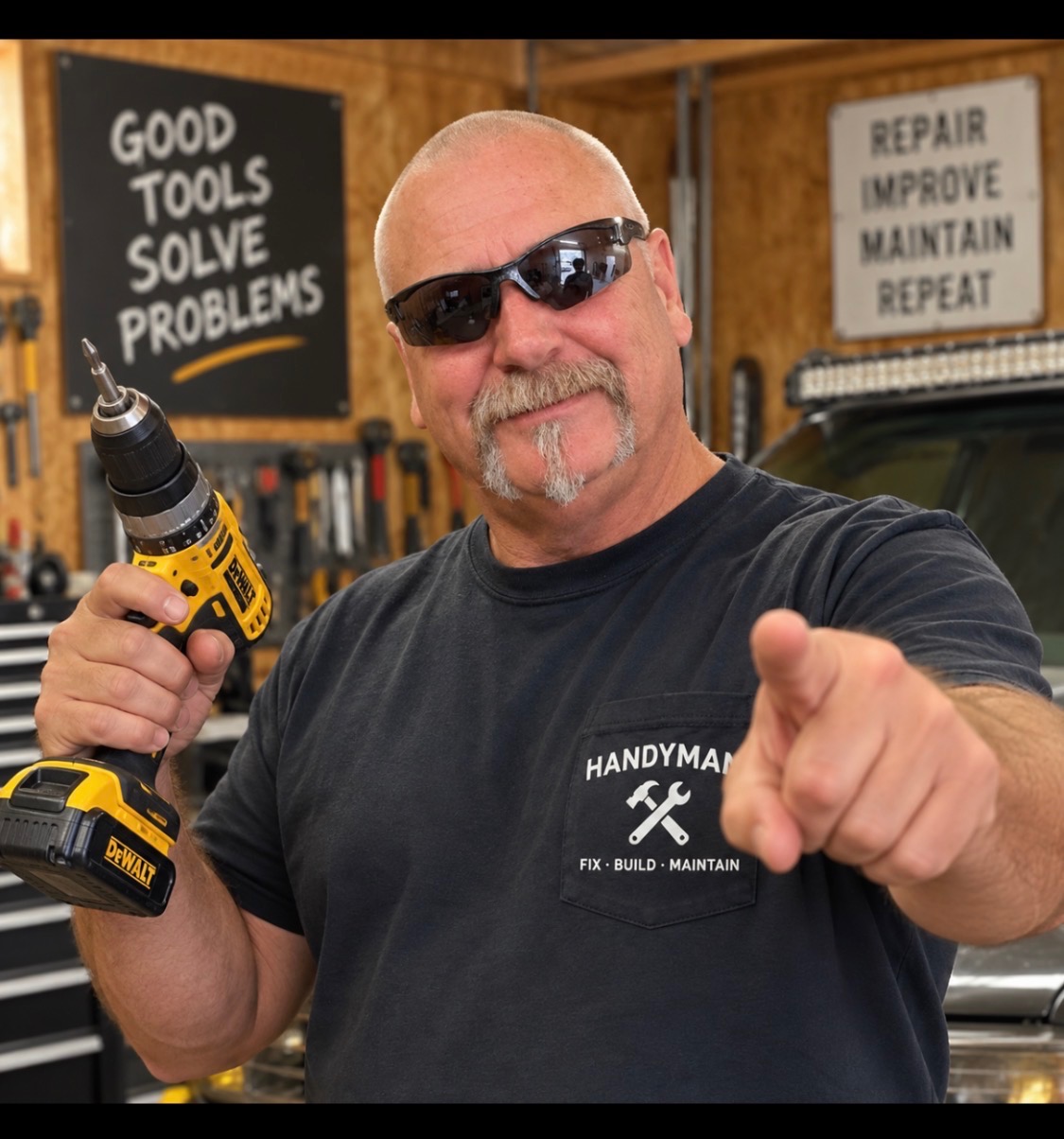 Dean holding a drill in his shop