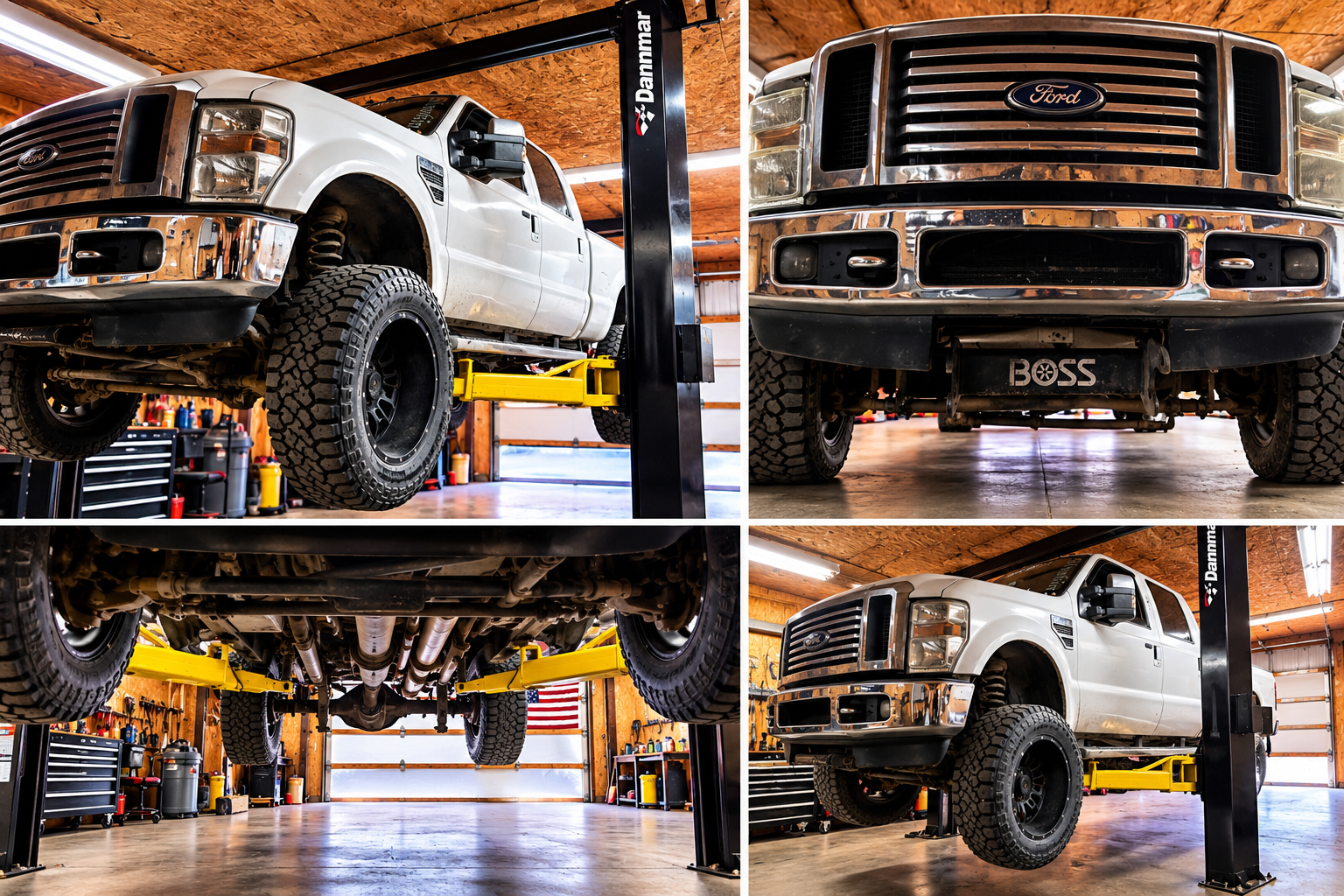 Dean's shop in Coleman, MI — truck up on the lift